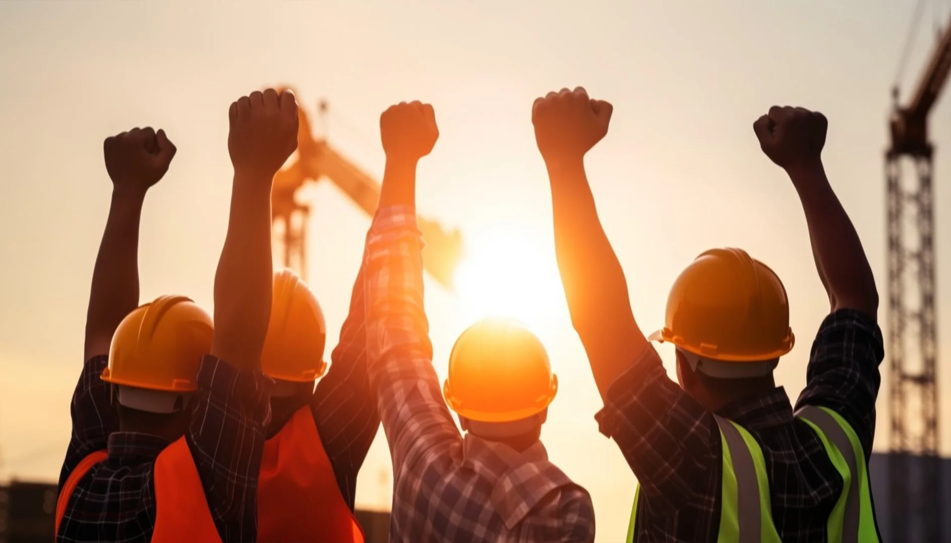 Workers raising their hands together at a construction site